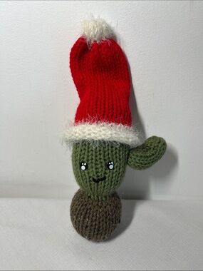 Hand-Knit Green Cactus Holiday Ornament with Red Santa Hat